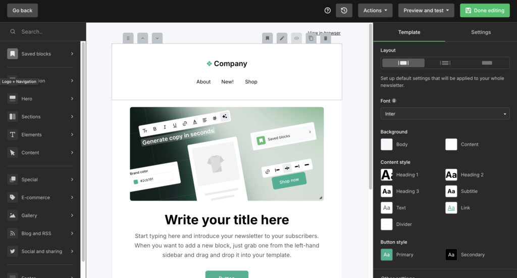 MailerLite email editor drag and drop funktion