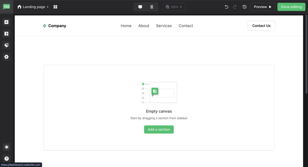 MailerLite landing page builder exempel