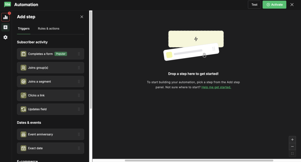 MailerLite Automation - drag & drop funktionen i automationskapande