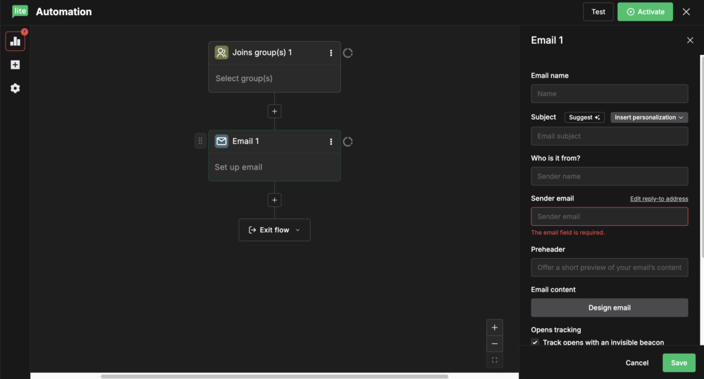 mailerlite automation - skapa automation genom drag & drop funktionen och skicka till dina grupper