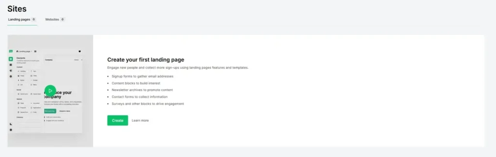 MailerLite Sites – skapa en ny landningssida under Landing pages