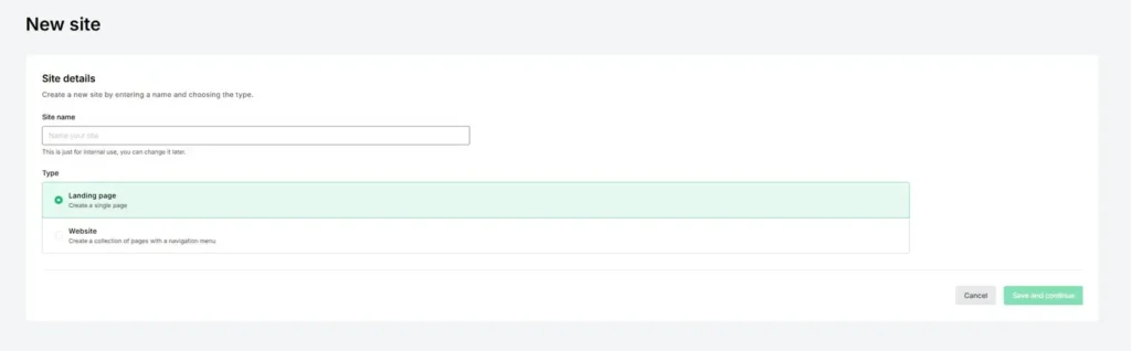 MailerLite New site – välj Landing page som typ