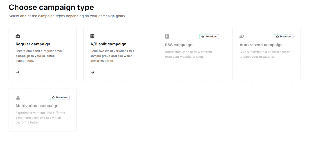 MailerLite campaign type – välj Regular campaign för ditt välkomstmejl
