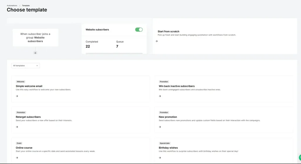 MailerLite choose template – välj Simple welcome email
