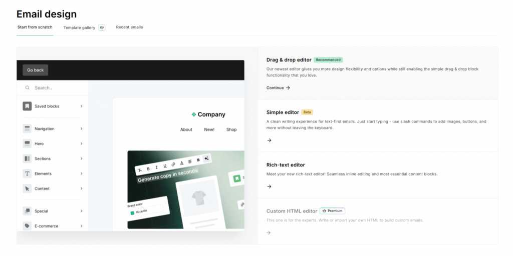 MailerLite email design – välj drag and drop editor
