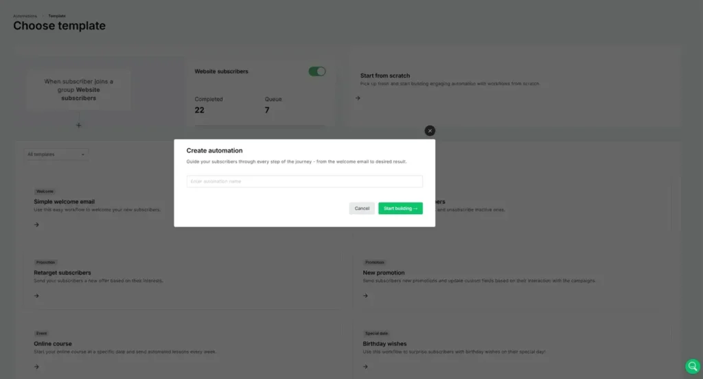 MailerLite create automation – namnge och starta byggaren
