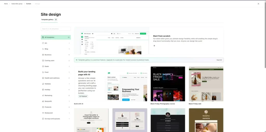 MailerLite Site design – välj mall från mallgalleriet