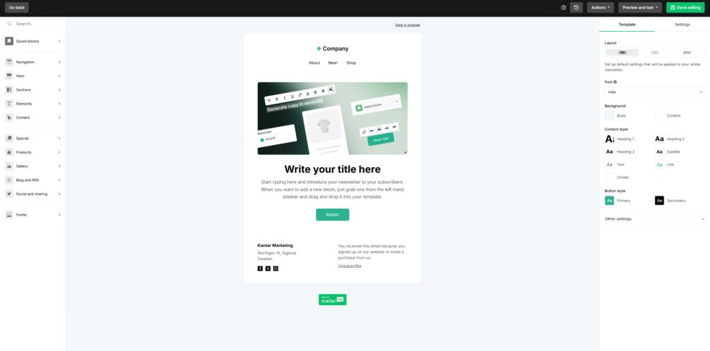 MailerLite e-post editor – skriv ditt välkomstmejl med drag and drop

