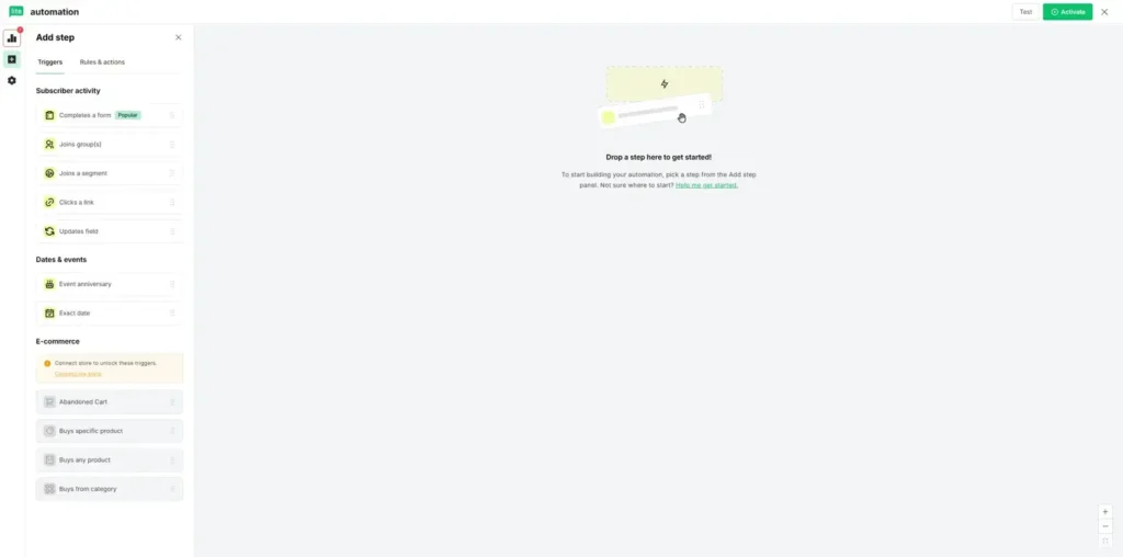 MailerLite automationsbyggare – välj trigger och bygg ditt flöde
