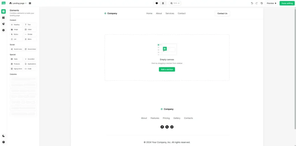 MailerLite landningssida editor – drag-and-drop element för att bygga din sida