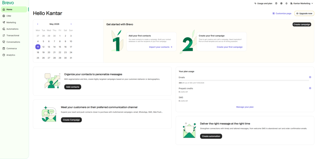 Brevo dashboard 2026 – översikt av gränssnittet