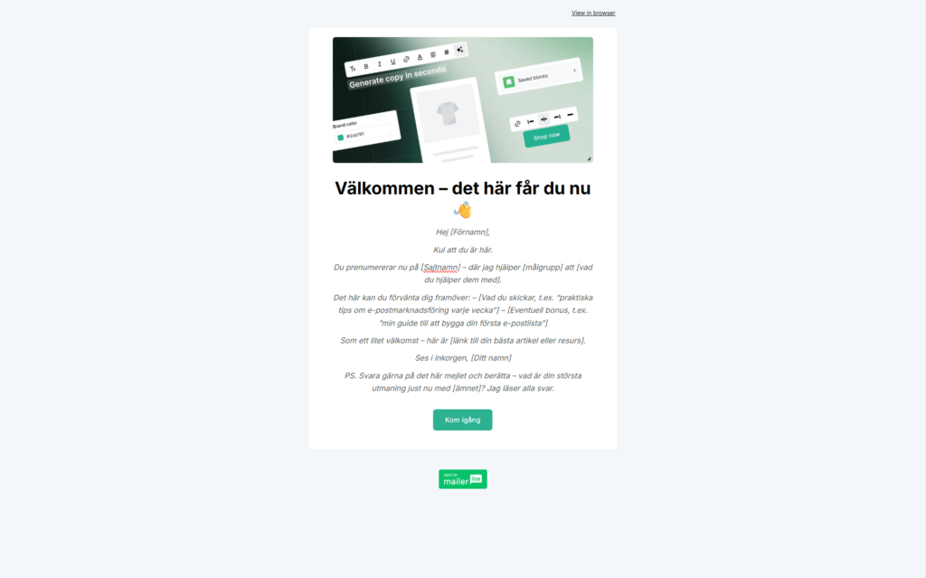 Exempel på e-postmall i MailerLite med tydlig CTA-knapp