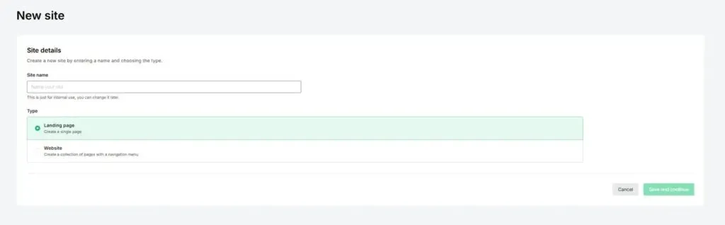 Sites-sidan med Landing pages och Create-knappen