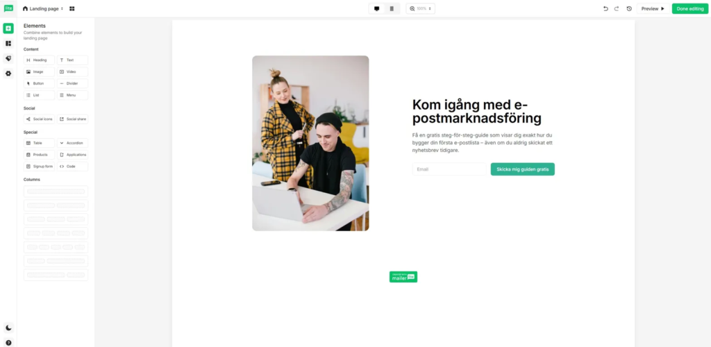 Editorn med landningssidan och element-panelen