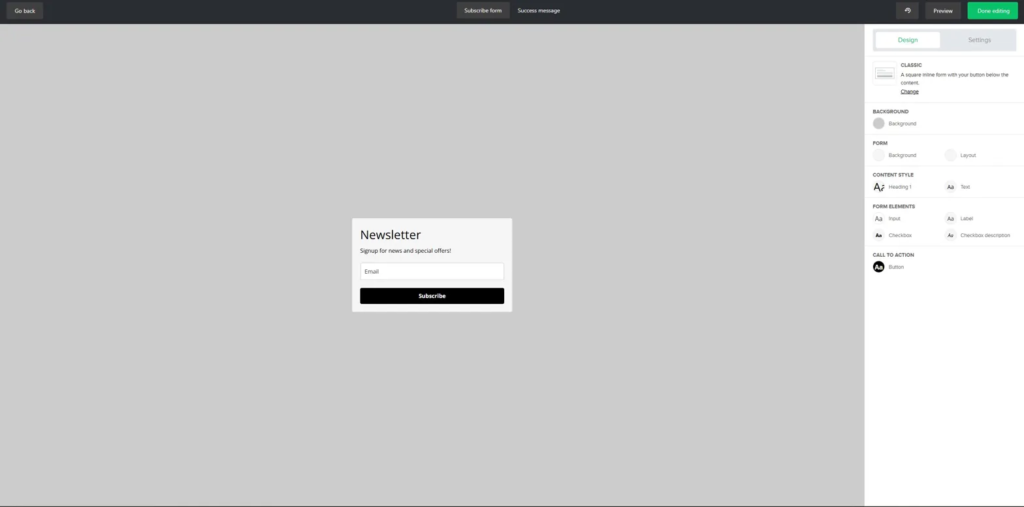 MailerLite formulär editor – anpassa färger och text i drag-and-drop editorn