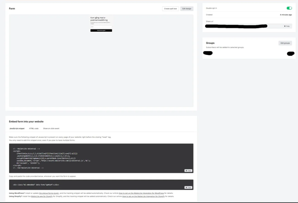 MailerLite formulär kod – kopiera inbäddningskoden för att lägga in formuläret på din sajt