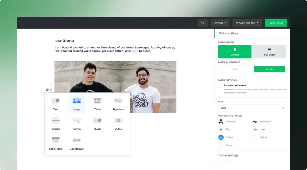 MailerLite e-posteditor – drag and drop verktyg för att skapa nyhetsbrev